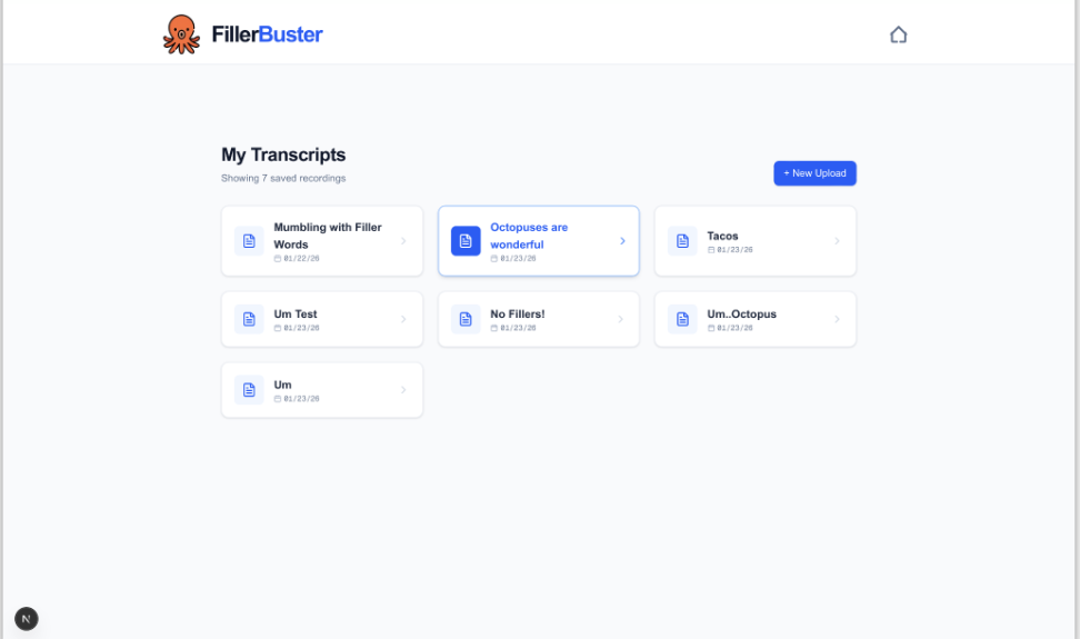 Dashboard showing saved rehearsal takes