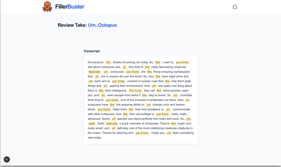 Transcript with contextual filler-word highlights